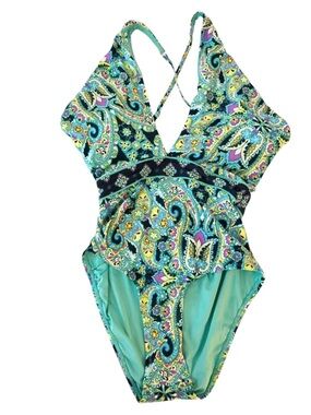 Laundry by Shelli Segal Turquoise Paisley Print One Piece Summer Swimsuit Size M